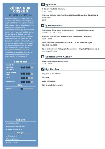 Biyoloji Öğretmeni CV Örnekleri cv indir